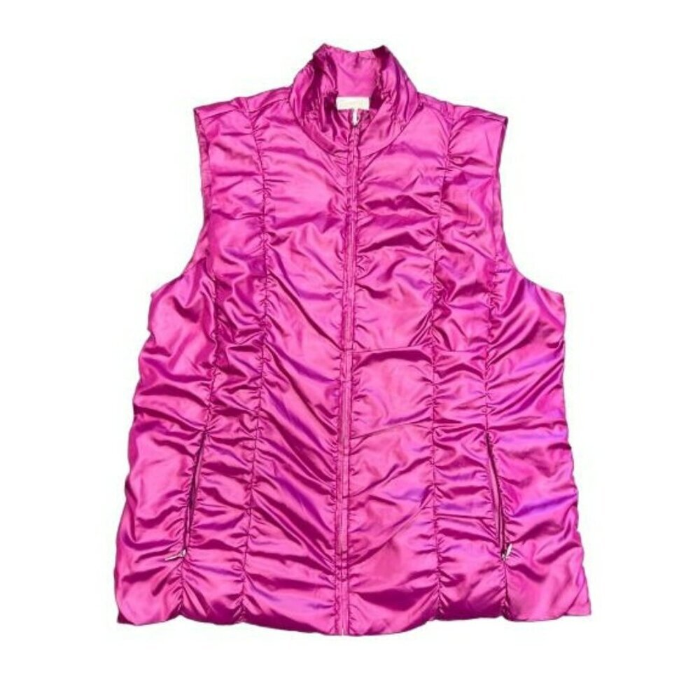 NWT Zenergy By Chicos Womens Pink Shimmer Romana Ruched Zip Puffer Vest Size - Picture 2 of 16